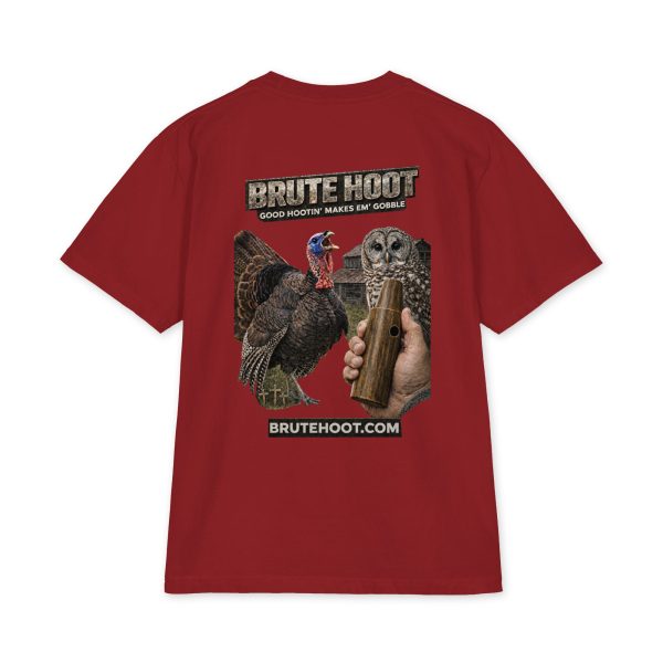 unisex-max-heavyweight-short-sleeve-cardinal-back-6a932a699b4ca.jpg Oversized Brute Hoot Graphic Tee "Good Hootin Makes Em Gobble"