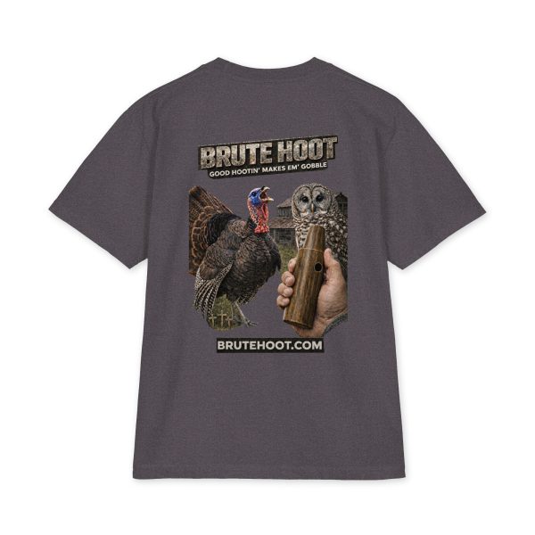 unisex-max-heavyweight-short-sleeve-charcoal-grey-back-6a932a699b52a.jpg Oversized Brute Hoot Graphic Tee "Good Hootin Makes Em Gobble"