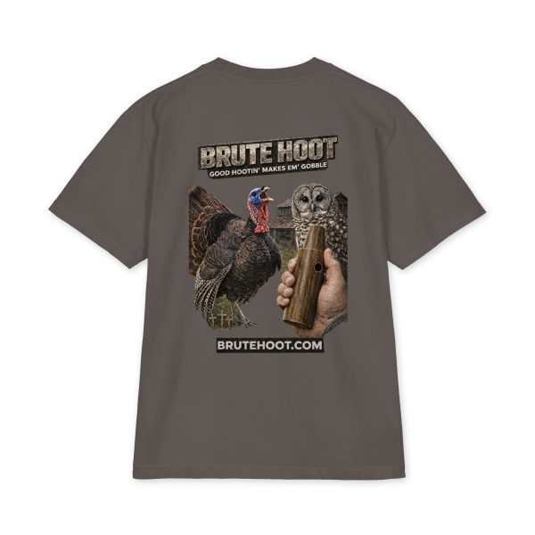 unisex-max-heavyweight-short-sleeve-dark-grey-back-6a932a699b564.jpg Oversized Brute Hoot Graphic Tee "Good Hootin Makes Em Gobble"