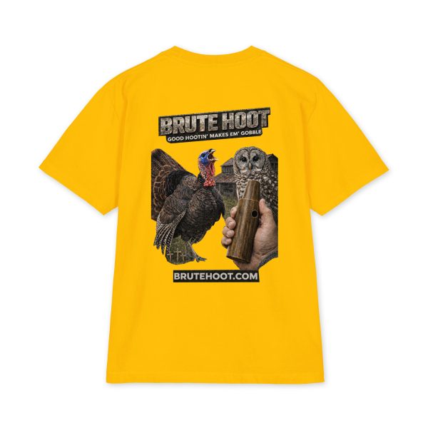 unisex-max-heavyweight-short-sleeve-gold-back-6a932a699b595.jpg Oversized Brute Hoot Graphic Tee "Good Hootin Makes Em Gobble"