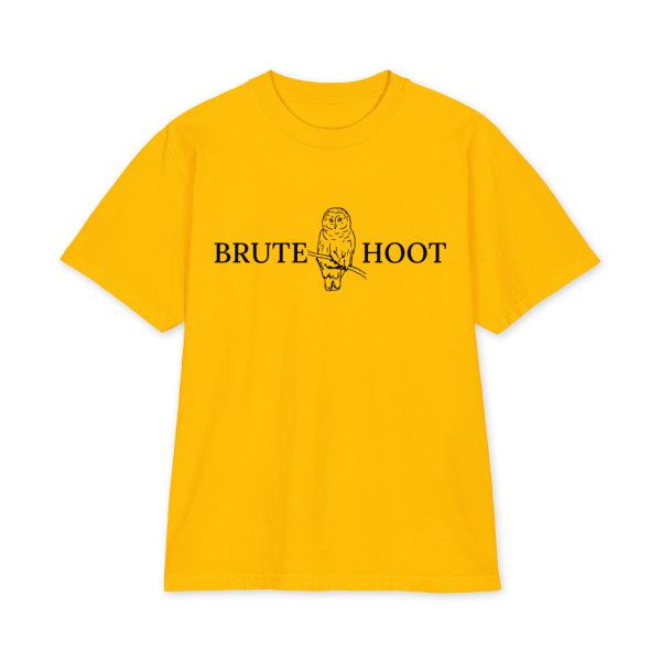 unisex-max-heavyweight-short-sleeve-gold-front-6a932a699b00d.jpg Oversized Brute Hoot Graphic Tee "Good Hootin Makes Em Gobble"