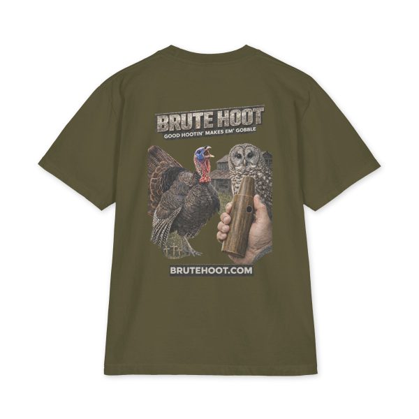 unisex-max-heavyweight-short-sleeve-hunter-green-back-6a932a699b5b9.jpg Oversized Brute Hoot Graphic Tee "Good Hootin Makes Em Gobble"