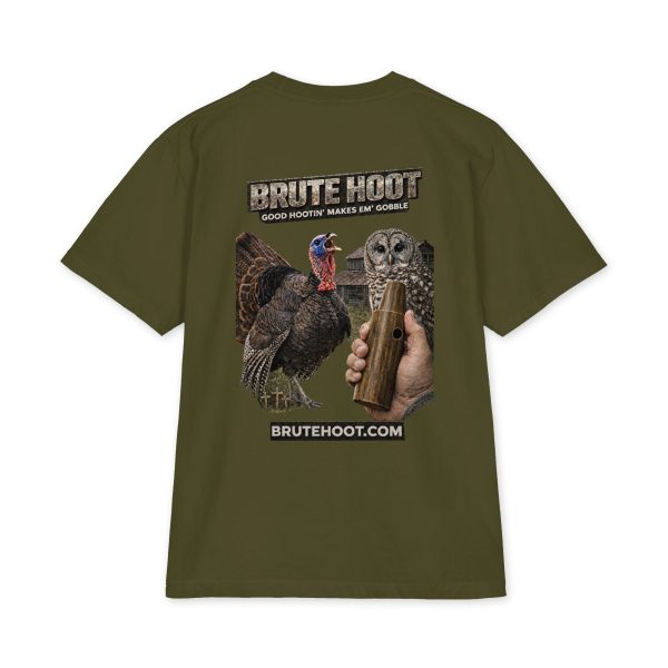 unisex-max-heavyweight-short-sleeve-olive-back-6a932a699b5fd.jpg Oversized Brute Hoot Graphic Tee "Good Hootin Makes Em Gobble"