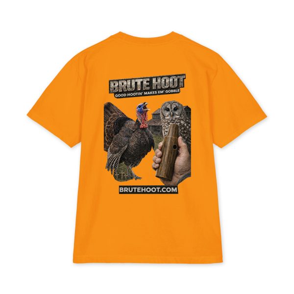 unisex-max-heavyweight-short-sleeve-orange-back-6a932a699b61e.jpg Oversized Brute Hoot Graphic Tee "Good Hootin Makes Em Gobble"