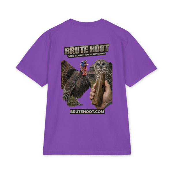 unisex-max-heavyweight-short-sleeve-purple-back-6a932a699b647.jpg Oversized Brute Hoot Graphic Tee "Good Hootin Makes Em Gobble"