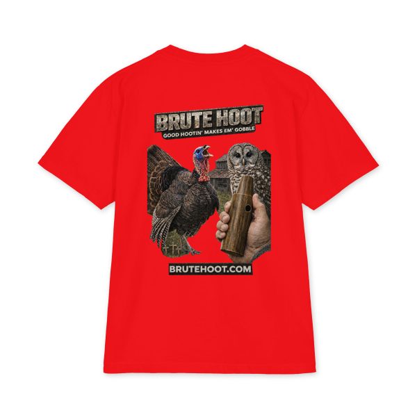 unisex-max-heavyweight-short-sleeve-red-back-6a932a699b67d.jpg Oversized Brute Hoot Graphic Tee "Good Hootin Makes Em Gobble"
