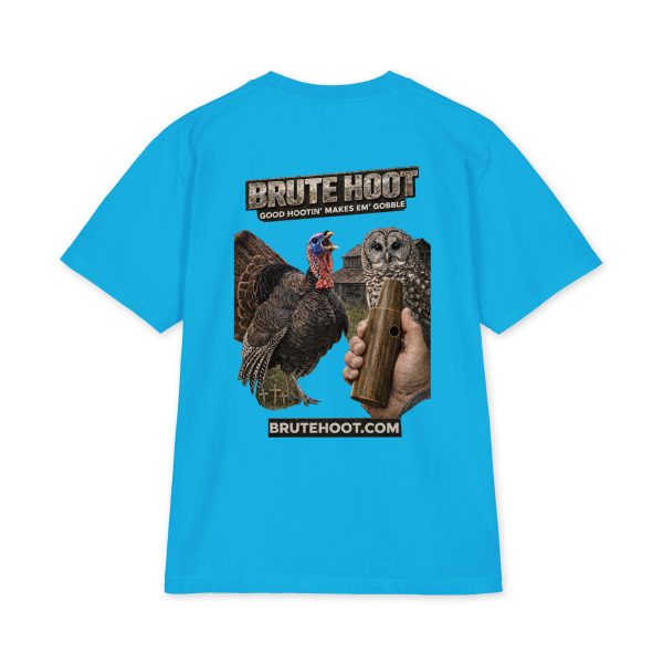 unisex-max-heavyweight-short-sleeve-turquoise-back-6a932a699b6fd.jpg Oversized Brute Hoot Graphic Tee "Good Hootin Makes Em Gobble"